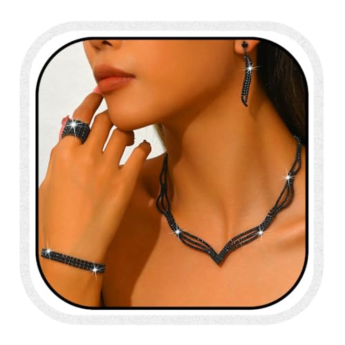 Unicra Schwarz Hochzeit Schmuck Sets Strass Braut Halskette und Ohrringe Armband Ring Set Prom Formal Modeschmuck Set für Frauen und Bräute (Schwarz, One Size) von Unicra