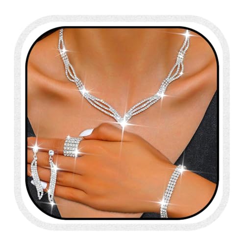 Unicra Silber Hochzeit Schmuck Sets Strass Braut Halskette und Ohrringe Armband Ring Set Prom Formal Modeschmuck Set für Frauen und Bräute (Silber, One Size) von Unicra