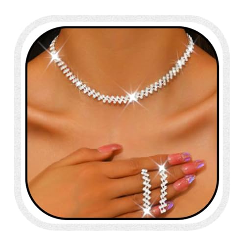 Unicra Silber Hochzeit Schmuck Sets Strass Braut Halsketten und Ohrringe Set Kristall Kostüm Formal Schmuck Set für Frauen und Bräute von Unicra
