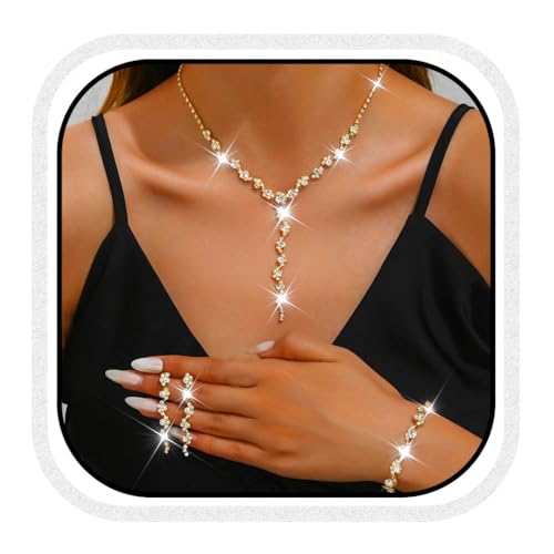 Unicra Gold Hochzeit Schmucksets Strass Braut Halskette und Ohrringe Armband Set Formal Prom Modeschmuck Set für Frauen und Bräute (Gold, One Size) von Unicra