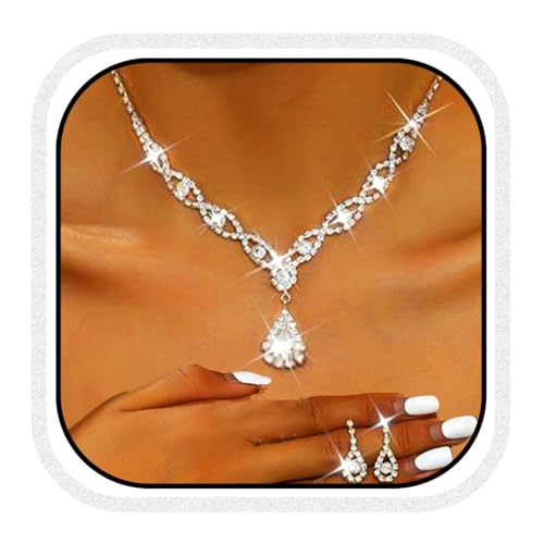Unicra Silberne Hochzeitsschmuck-Sets Strass-Halsketten und Ohrringe Set Crystal Prom Kostüm Formal Anhänger Schmuck-Set für Frauen und Bräute von Unicra