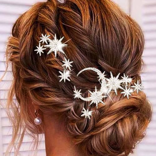 Unicra Star Strass Hochzeit Haarnadeln Mond Braut Haarteil Silber Haarschmuck für Frauen und Bräute (Packung mit 5) (Silber, One Size) von Unicra