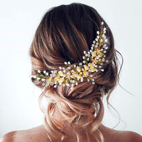 Unicra Haarschmuck Hochzeit Blumen Kopfschmuck Perlen Hochzeit Haarschmuck Braut Kopfbedeckung (Gold) von Unicra