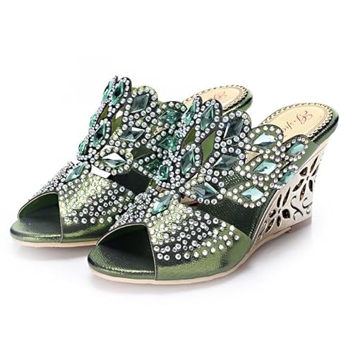 Damen-Sandalen mit Strasssteinen zum Reinschlüpfen, Rautenform, Partykleid, Keilsandalen, Abschlussballschuhe, Grün , 41.5 EU Damen-Sandalen mit Strasssteinen zum Reinschlüpfen, Rautenform, Partykleid, Keilsandalen, Abschlussballschuhe, Grün , 41.5 EU von Unicrystal