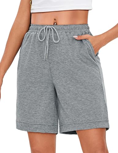 Uniexcosm Bermudashorts Damen Sommer Kurze Sportshorts Damen High Waist Shorts mit Taschen und Kordelzug Freizeitshorts für Badeurlaub Running Gym Hellgrau XL von Uniexcosm