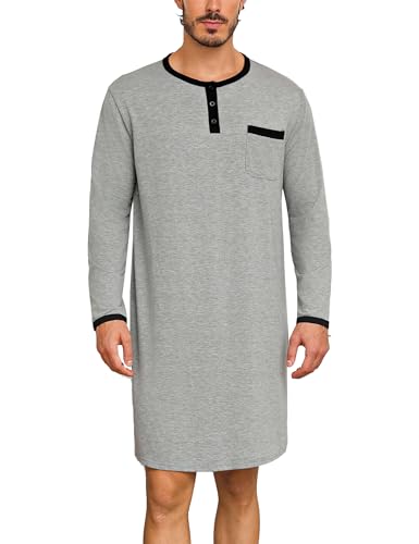 Uniexcosm Herren Langarm Nachthemd Knielang Pyjamaoberteil Rundhals Einteiliger Schlafanzugoberteile Pyjama Tops Bequem Nachtwäsche Sleepshirt Grau L von Uniexcosm