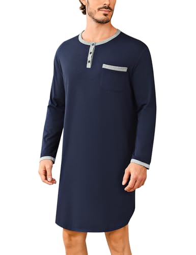 Uniexcosm Herren Langarm Nachthemd Knielang Pyjamaoberteil Rundhals Einteiliger Schlafanzugoberteile Pyjama Tops Bequem Nachtwäsche Sleepshirt Marineblau L von Uniexcosm