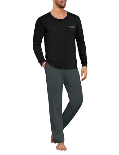 Uniexcosm Herren Schlafanzug Lang Zweiteiler Baumwolle Pyjama Set Herbst Winter Nachtwäsche Rundhals Langarm Shirt mit Pyjamahose Herrenschlafanzüge Schwarz XL von Uniexcosm