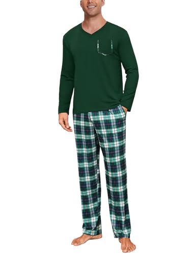 Uniexcosm Herren Schlafanzug Lang Zweiteiler Pyjama Set Nachtwäsche V-Ausschnitt Langarm Shirt mit Kariert Pyjamahose Herrenschlafanzüge mit Tasche Dunkelgrün S Uniexcosm Herren Schlafanzug Lang Zweiteiler Pyjama Set Nachtwäsche V-Ausschnitt Langarm Shirt mit Kariert Pyjamahose Herrenschlafanzüge mit Tasche Dunkelgrün S von Uniexcosm