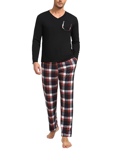 Uniexcosm Herren Schlafanzug Lang Zweiteiler Pyjama Set Nachtwäsche V-Ausschnitt Langarm Shirt mit Kariert Pyjamahose Herrenschlafanzüge mit Tasche Dunkelschwarz L von Uniexcosm