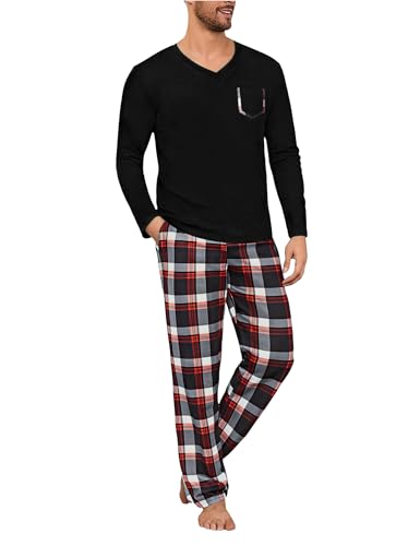 Uniexcosm Herren Schlafanzug Lang Zweiteiler Pyjama Set Nachtwäsche V-Ausschnitt Langarm Shirt mit Kariert Pyjamahose Herrenschlafanzüge mit Tasche Dunkelschwarz XL von Uniexcosm