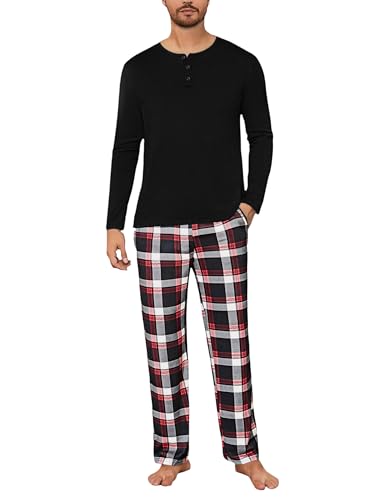 Uniexcosm Herren Schlafanzug Lang mit Knopfleiste Kariert Baumwolle Pyjama Set Zweiteiler Nachtwäsche Langarm Shirt mit Pyjamahose Schlafanzüge für Männer Schwarz XL von Uniexcosm