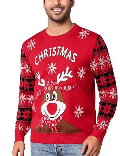 Uniexcosm Herren Weihnachtspullover Lustig Strickpullover Winter Warm Strickpulli Pullover Ugly Rentier Winterpullover Langarm Rundhals Christmas Sweater Rot XXL von Uniexcosm