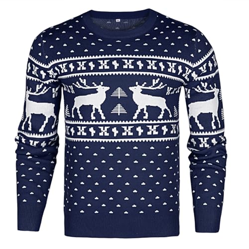 Uniexcosm Herren Weihnachtspullover Winter Strickpulli Pullover Rundhalsausschnitt Sweater mit Weihnachtlichen Motiven Strickpullover für Weihnachten Marineblau XXL von Uniexcosm
