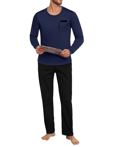Uniexcosm Herren Zweiteiliger Schlafanzug Lang Pyjamas Baumwolle Langarm Rundhals Oberteil und Pyjamahose Nachtwäsche Set Sleepwear Loungewear Marineblau M von Uniexcosm