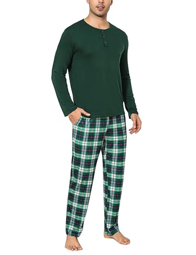 Uniexcosm Herren Zweiteiliger Schlafanzug Lang aus Baumwolle Kariert Pyjamas Set Langarm Knopfleiste Oberteil und Pyjamahose Nachtwäsche Loungewear Grün XL von Uniexcosm