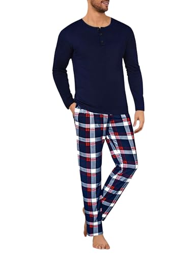 Uniexcosm Herren Zweiteiliger Schlafanzug Lang aus Baumwolle Kariert Pyjamas Set Langarm Knopfleiste Oberteil und Pyjamahose Nachtwäsche Loungewear Marineblau M von Uniexcosm