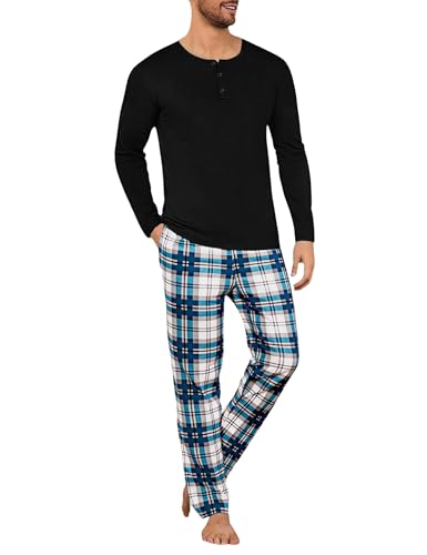 Uniexcosm Herren Zweiteiliger Schlafanzug Lang aus Baumwolle Kariert Pyjamas Set Langarm Knopfleiste Oberteil und Pyjamahose Nachtwäsche Loungewear PAT1 L von Uniexcosm