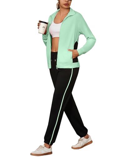 Uniexcosm Jogginganzug Damen Set Lang Trainingsanzug Zweiteiler Frauen Farbkontrast Freizeitanzug Langarm Reißverschluss Tracksuit & Sporthose Sportanzug Grün XXL von Uniexcosm