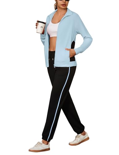 Uniexcosm Jogginganzug Damen Set Lang Trainingsanzug Zweiteiler Frauen Farbkontrast Freizeitanzug Langarm Reißverschluss Tracksuit & Sporthose Sportanzug Himmelblau 3XL von Uniexcosm