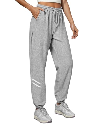 Uniexcosm Jogginghose Damen Lang Sporthose High Waist Freizeithosen Bequeme Trainingshose mit Seitentaschen Sweathose für Freizeit & Fitness Hellgrau XL von Uniexcosm