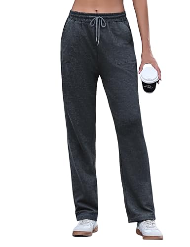 Uniexcosm Jogginghose Damen Lang Trainingshose High Waist Freizeithosen Baumwolle Sweathose mit Tunnelzug und Seitentaschen Laufhosen Sporthosen für Frauen Dunkelgrau S von Uniexcosm