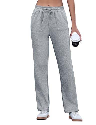 Uniexcosm Jogginghose Damen Lang Trainingshose High Waist Freizeithosen Baumwolle Sweathose mit Tunnelzug und Seitentaschen Laufhosen Sporthosen für Frauen Hellgrau XL von Uniexcosm