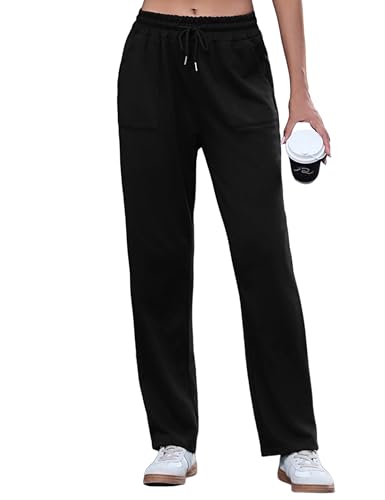 Uniexcosm Jogginghose Damen Lang Trainingshose High Waist Freizeithosen Baumwolle Sweathose mit Tunnelzug und Seitentaschen Laufhosen Sporthosen für Frauen Schwarz XL von Uniexcosm