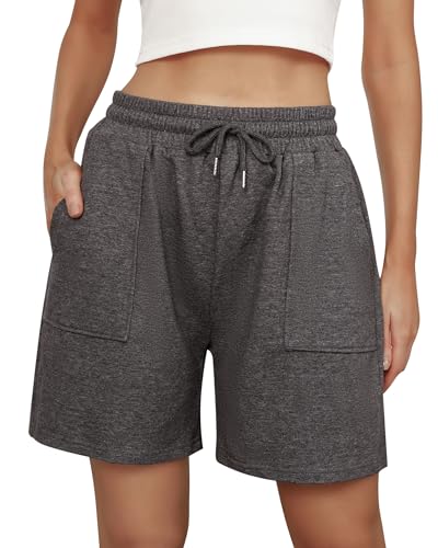 Uniexcosm Kurze Sportshorts Damen Sporthose High Waist Shorts Damen Sommer Shorty mit Taschen und Kordelzug Freizeitshorts für Running Gym Fitness Dunkelschwarz L von Uniexcosm