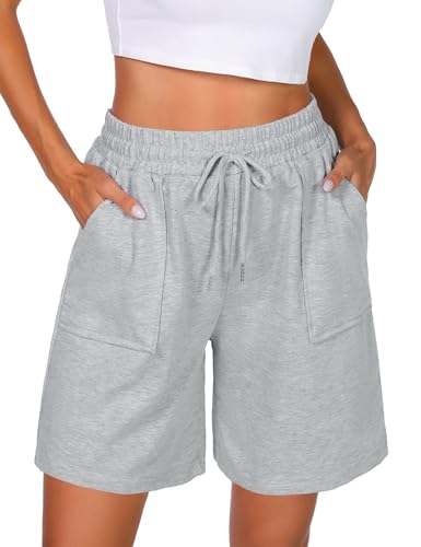 Uniexcosm Kurze Sportshorts Damen Sporthose High Waist Shorts Damen Sommer Shorty mit Taschen und Kordelzug Freizeitshorts für Running Gym Fitness Hellgrau L von Uniexcosm