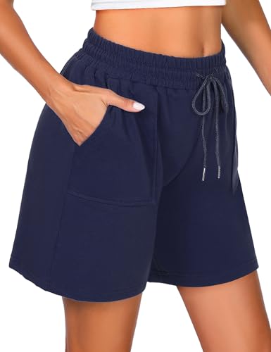 Uniexcosm Kurze Sportshorts Damen Sporthose High Waist Shorts Damen Sommer Shorty mit Taschen und Kordelzug Freizeitshorts für Running Gym Fitness Marineblau M von Uniexcosm