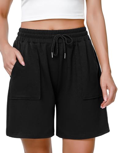 Uniexcosm Kurze Sportshorts Damen Sporthose High Waist Shorts Damen Sommer Shorty mit Taschen und Kordelzug Freizeitshorts für Running Gym Fitness Schwarz L von Uniexcosm