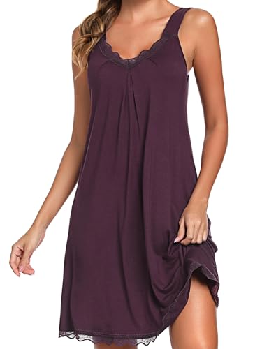 Uniexcosm Nachthemd Damen Ärmelloses Kurz Baumwolle Nachtkleid Spitze V-Ausschnitt Nachtwäsche Sexy rutschfeste Schultergurte Freizeitkleid Sleepwear Dunkelfuchsia M von Uniexcosm