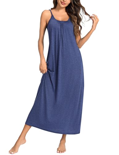 Uniexcosm Nachthemd Damen Ärmelloses Lang Baumwolle Sexy Nachtkleid Rundhals Spaghettiträger Negligee Nachtwäsche rutschfeste Schultergurte Freizeitkleid Sleepwear Marineblau-1 M von Uniexcosm