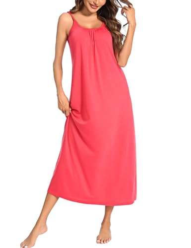 Uniexcosm Nachthemd Damen Ärmelloses Lang Baumwolle Sexy Nachtkleid Rundhals Spaghettiträger Negligee Nachtwäsche rutschfeste Schultergurte Freizeitkleid Sleepwear Rosarot XXL von Uniexcosm