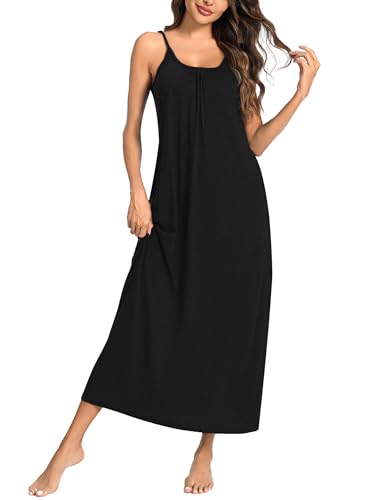 Uniexcosm Nachthemd Damen Ärmelloses Lang Baumwolle Sexy Nachtkleid Rundhals Spaghettiträger Negligee Nachtwäsche rutschfeste Schultergurte Freizeitkleid Sleepwear Schwarz L von Uniexcosm