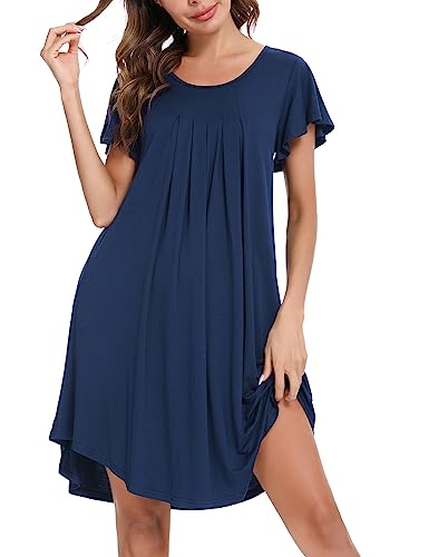 Uniexcosm Nachthemd Damen Rundhals Rüschen Sleepshirt Kurzarm Nachtwäsche Loose Fit Nachtkleid Baumwolle Plissee Sleepwear Blau L von Uniexcosm