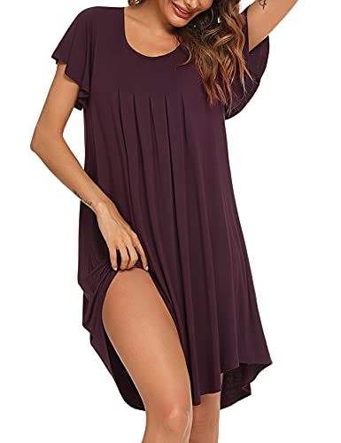 Uniexcosm Nachthemd Damen Rundhals Rüschen Sleepshirt Kurzarm Nachtwäsche Loose Fit Nachtkleid Baumwolle Plissee Sleepwear Dunkelfuchsia M von Uniexcosm