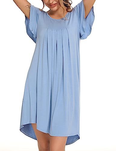 Uniexcosm Nachthemd Damen Rundhals Rüschen Sleepshirt Kurzarm Nachtwäsche Loose Fit Nachtkleid Baumwolle Plissee Sleepwear Hellblau XL von Uniexcosm