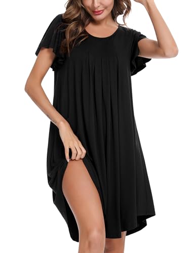 Uniexcosm Nachthemd Damen Rundhals Rüschen Sleepshirt Kurzarm Nachtwäsche Loose Fit Nachtkleid Baumwolle Plissee Sleepwear Schwarz M von Uniexcosm