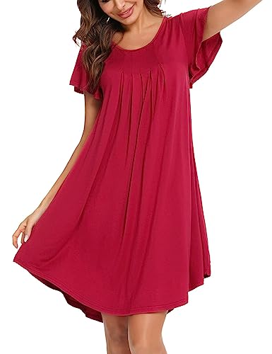 Uniexcosm Nachthemd Damen Rundhals Rüschen Sleepshirt Kurzarm Nachtwäsche Loose Fit Nachtkleid Baumwolle Plissee Sleepwear Weinrot M von Uniexcosm