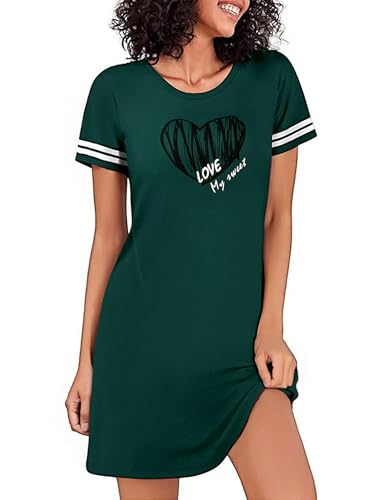 Uniexcosm Nachthemd Damen Kurzarm Schlafshirt Herz-Aufdruck Nachtwäsche Baumwolle Schlafhemd Frauen Rundhals Sommer Soft Sleepshirt Dunkelgrün M von Uniexcosm
