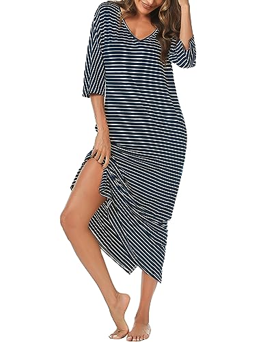 Uniexcosm Nachthemd Damen Lange Baumwolle 3/4 Ärmel Nachtkleid Nachtwäsche V-Ausschnitt Freizeitkleid Loose Fit Sleepshirt Sleepwear mit Taschen E: Marineblau L von Uniexcosm