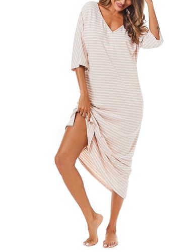 Uniexcosm Nachthemd Damen Lange Baumwolle 3/4 Ärmel Nachtkleid Nachtwäsche V-Ausschnitt Freizeitkleid Loose Fit Sleepshirt Sleepwear mit Taschen E: Rosa L von Uniexcosm