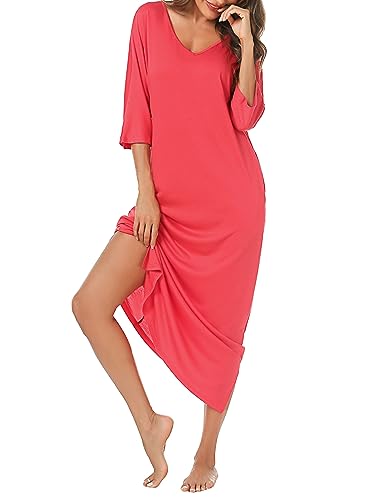 Uniexcosm Nachthemd Damen Lange Baumwolle 3/4 Ärmel Nachtkleid Nachtwäsche V-Ausschnitt Freizeitkleid Loose Fit Sleepshirt Sleepwear mit Taschen E: Rosarot L von Uniexcosm