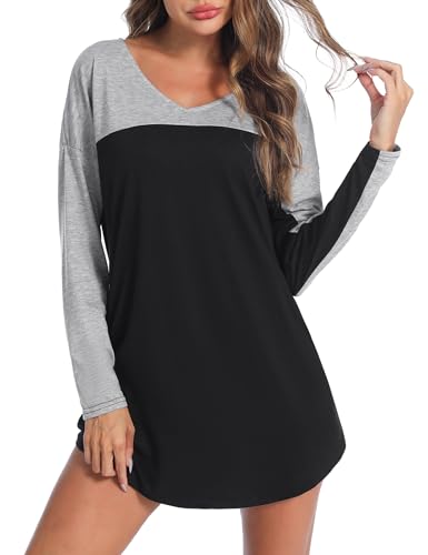 Uniexcosm Nachthemd Damen V-Ausschnitt Langarm Schlafshirt Baumwolle Nachtkleid Kontrastfarbenes Design Nachtwäsche Loose Fit Sleepshirt mit Taschen Schwarz L von Uniexcosm