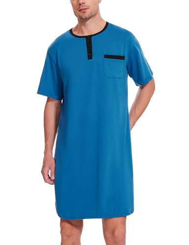 Uniexcosm Nachthemd Herren Kurzarm Schlafshirt Rundhals Einteiliger Schlafanzugoberteile Pyjama Tops Bequem Nachtwäsche Sleepshirt mit Knopfleiste und Brusttasche Blau L von Uniexcosm