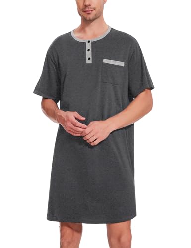 Uniexcosm Nachthemd Herren Kurzarm Schlafshirt Rundhals Einteiliger Schlafanzugoberteile Pyjama Tops Bequem Nachtwäsche Sleepshirt mit Knopfleiste und Brusttasche Dunkelgrau XXL von Uniexcosm