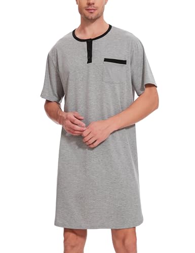 Uniexcosm Nachthemd Herren Kurzarm Schlafshirt Rundhals Einteiliger Schlafanzugoberteile Pyjama Tops Bequem Nachtwäsche Sleepshirt mit Knopfleiste und Brusttasche Grau L von Uniexcosm