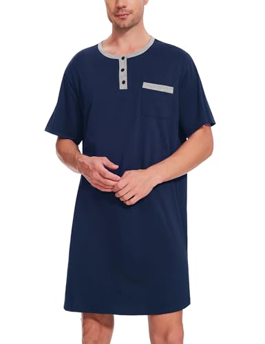 Uniexcosm Nachthemd Herren Kurzarm Schlafshirt Rundhals Einteiliger Schlafanzugoberteile Pyjama Tops Bequem Nachtwäsche Sleepshirt mit Knopfleiste und Brusttasche Marineblau XXL von Uniexcosm